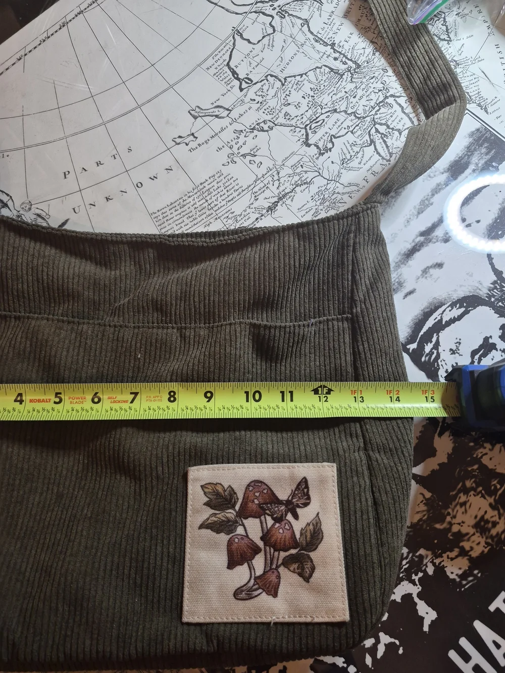 Corduroy Crossbody Bag with Mushroom Patch - Olive Green